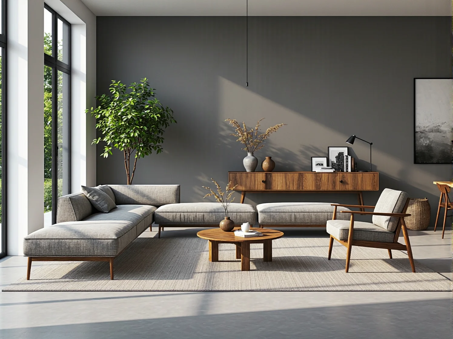 Stylowa aranżacja jadalni z masywnym stołem z naturalnych materiałów