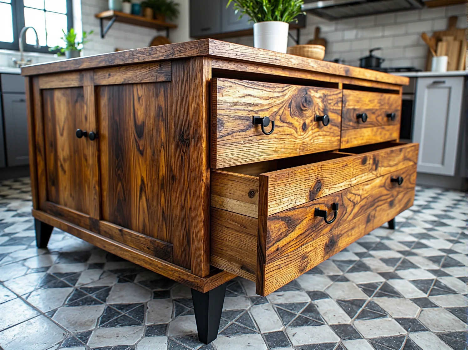 Gotowa wyspa kuchenna z komody z funkcjonalnymi szufladami w aranżacji skandynawskiej