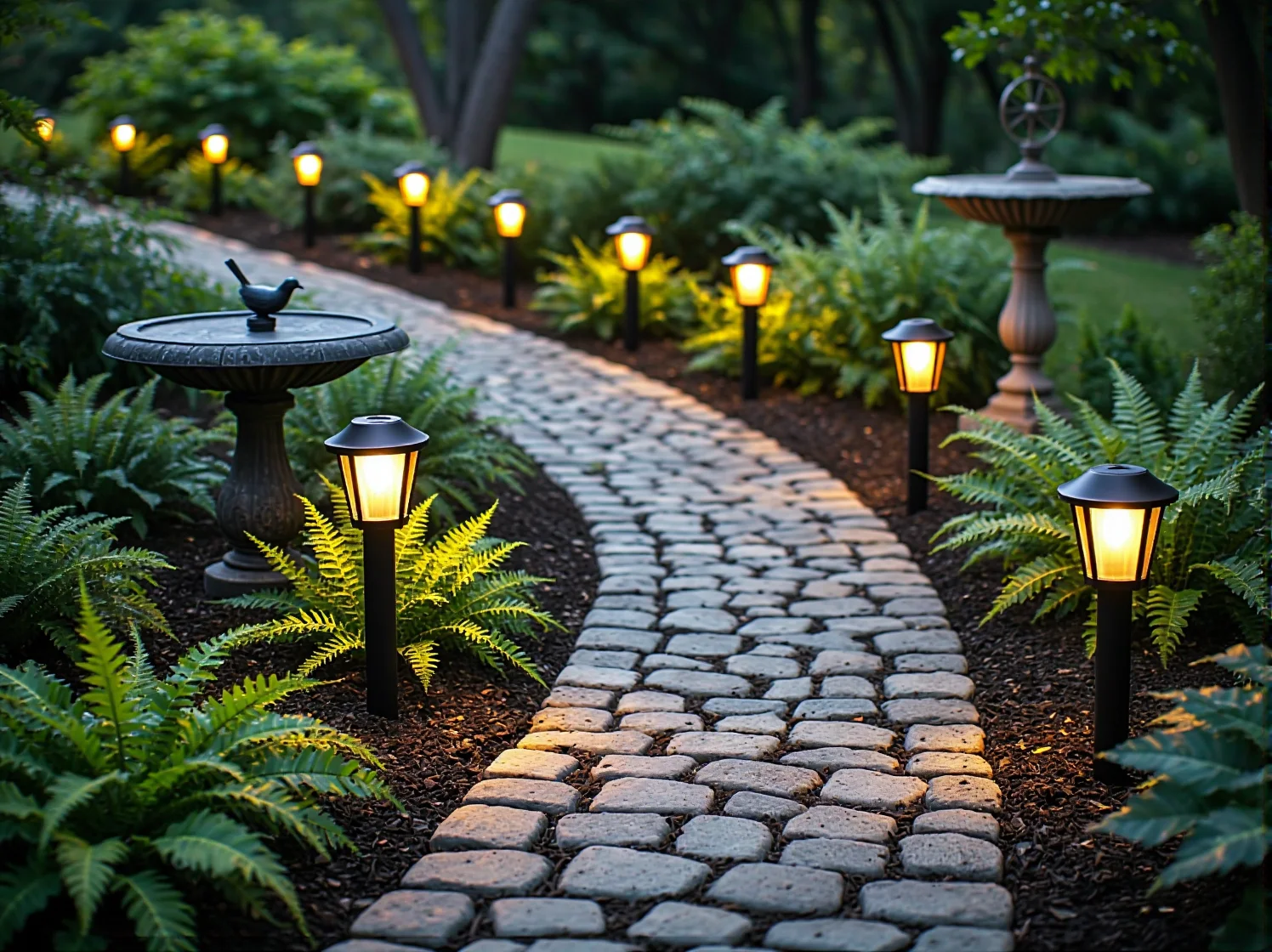 Drewniane meble ogrodowe w stylu retro w blasku nastrojowego oświetlenia