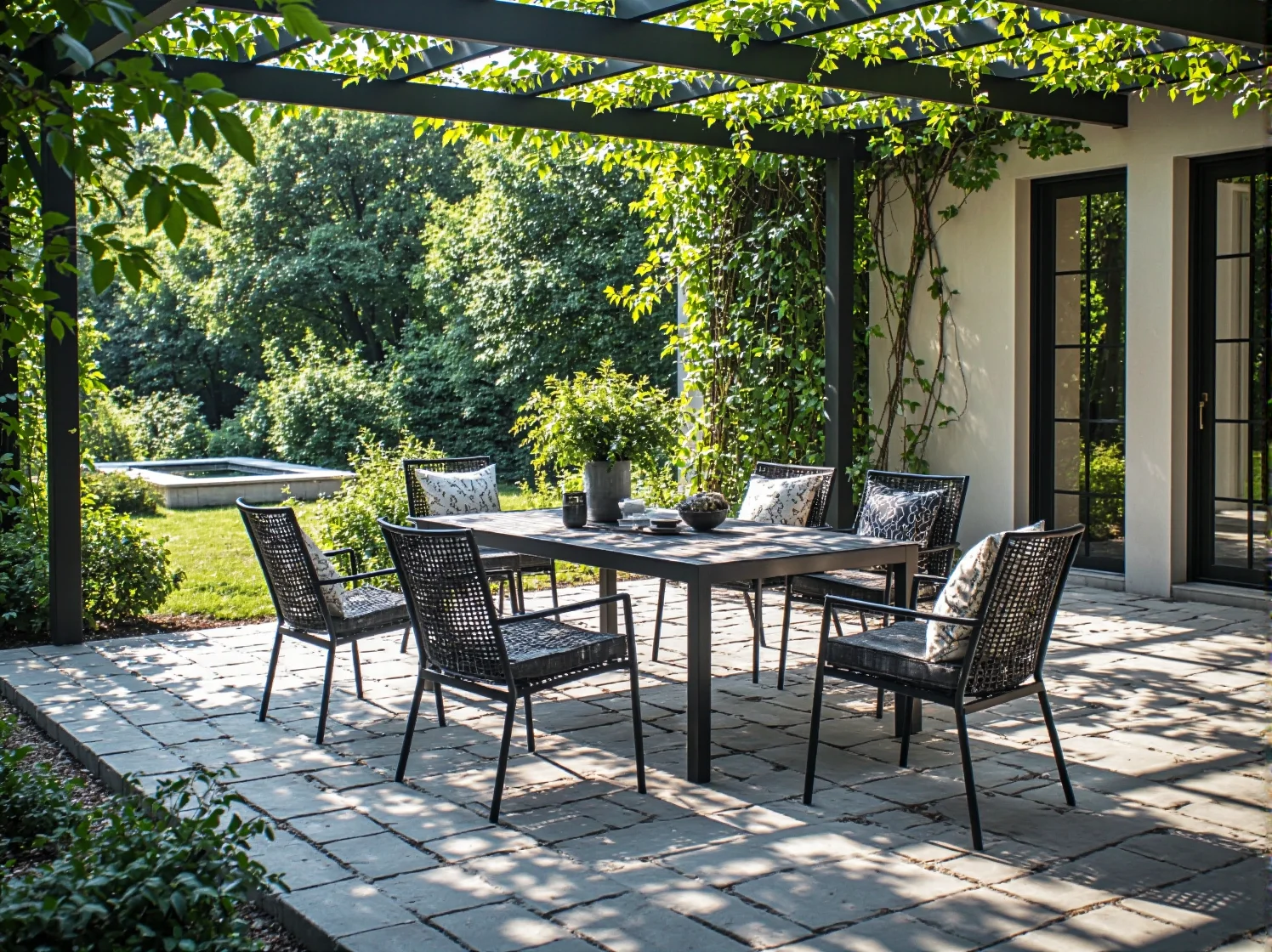 Metalowy zestaw ogrodowy antracytowy stół z sześcioma krzesłami ratanowymi