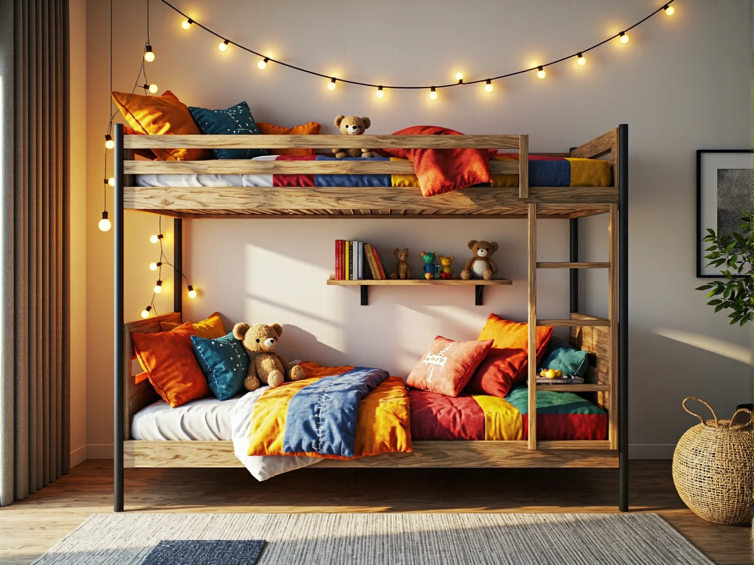 Kreatywnie zaaranżowany pokój rodzeństwa z białym łóżkiem piętrowym i kolorowymi dodatkami.