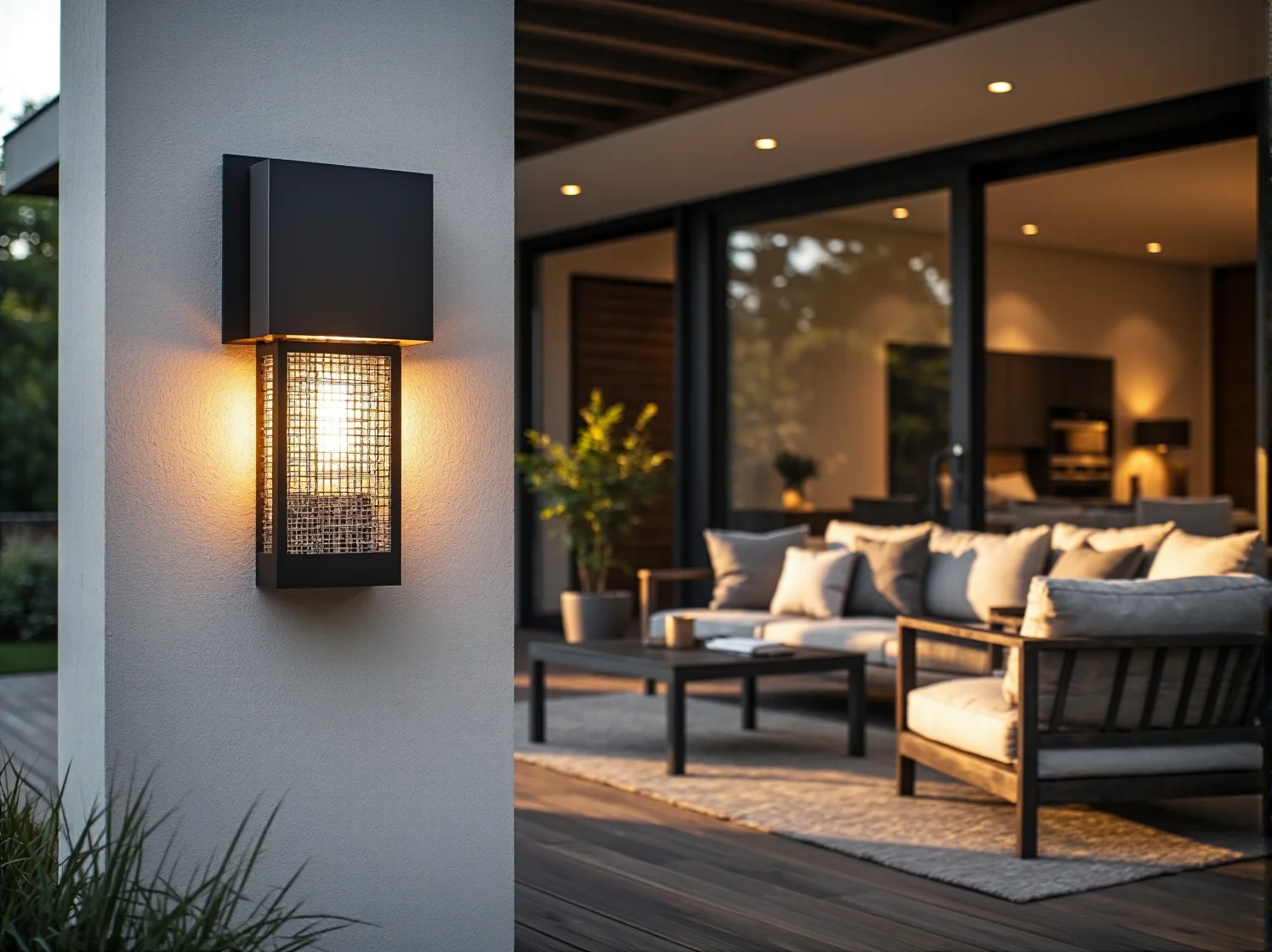 Aranżacja tarasu glamour jako luksusowa strefa relaksu, gdzie lampy elewacyjne podkreślają architekturę budynku.