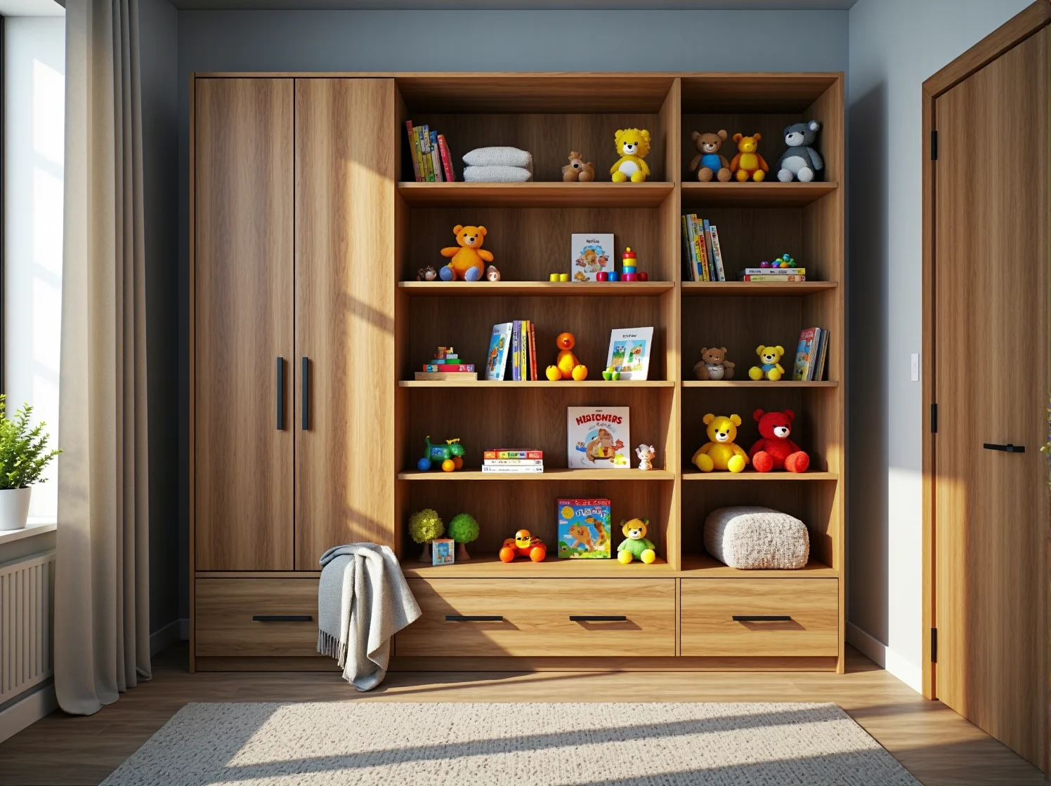 Bezpieczna szafa dziecięca z systemem cichego domykania i zaokrąglonymi krawędziami mebli.