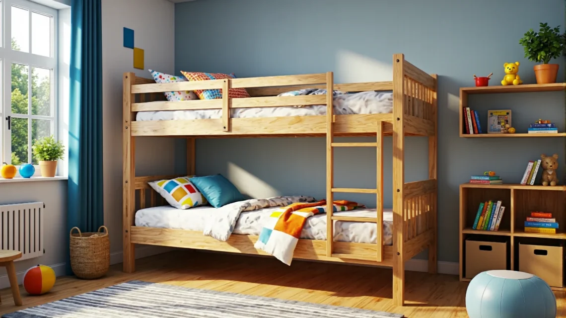 Drewniane łóżko piętrowe sosnowe z drabinką i barierkami ochronnymi