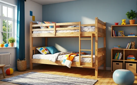 Drewniane łóżko piętrowe sosnowe z drabinką i barierkami ochronnymi