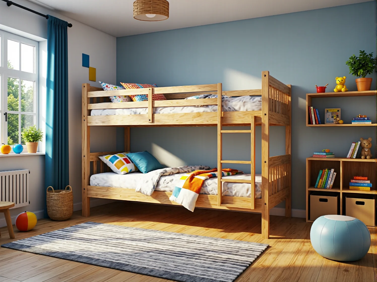 Drewniane łóżko piętrowe sosnowe z drabinką i barierkami ochronnymi