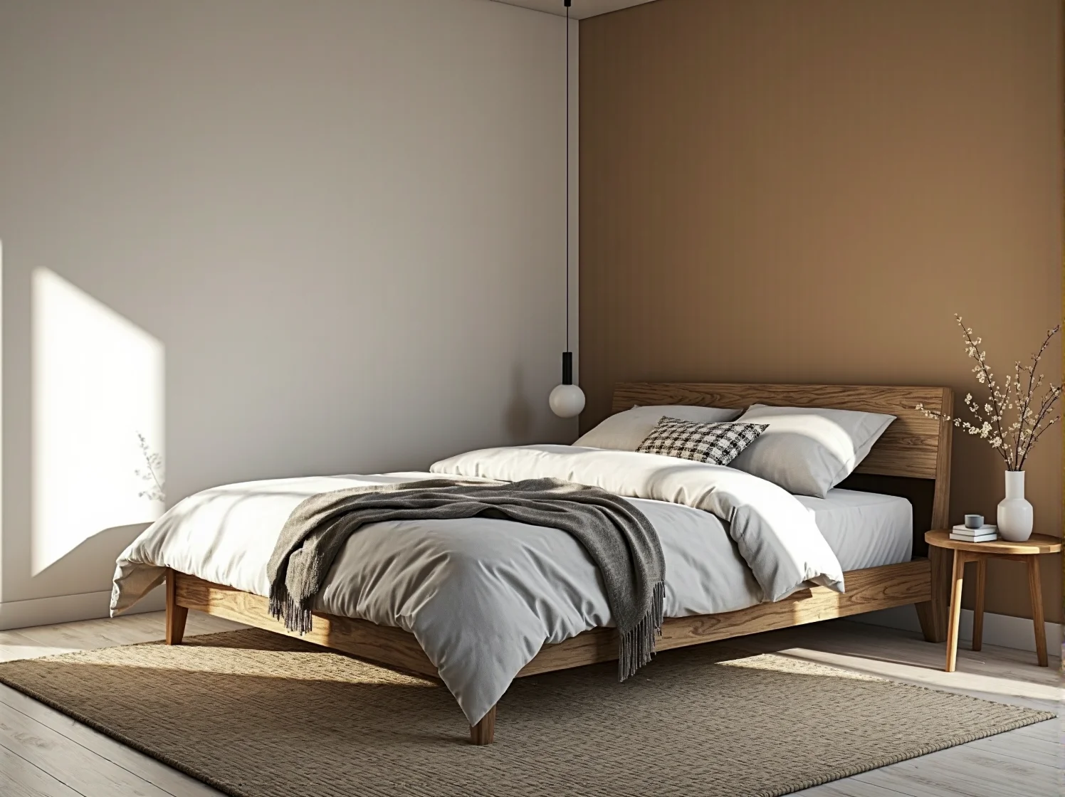 Bezpieczna aranżacja sypialni seniora z łóżkiem wyposażonym w stabilną ramę i zagłówek