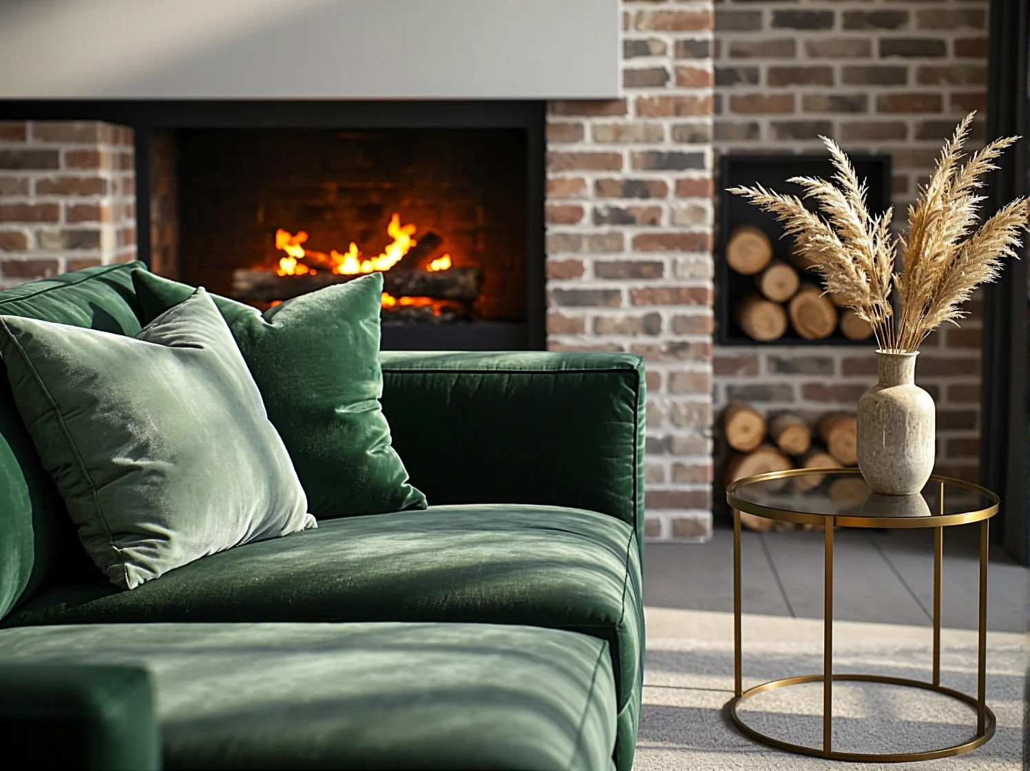 Nowoczesny narożnik ustawiony w bezpiecznej odległości od kominka w salonie.