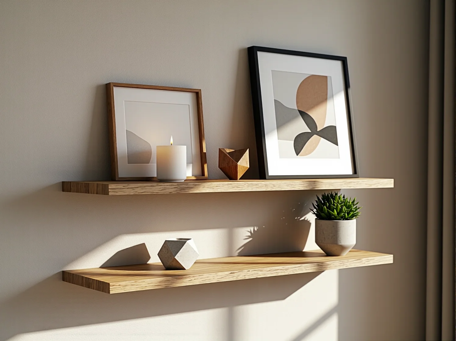 Białe półki pływające bez widocznych wsporników na szarej ścianie w salonie.