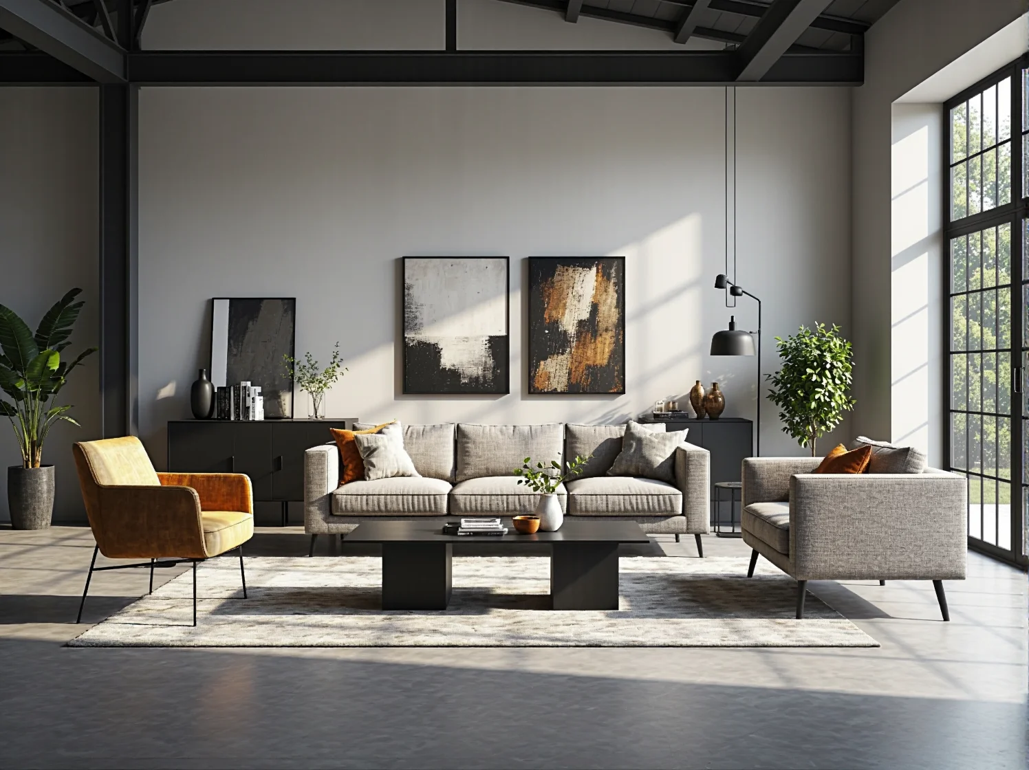 Czarne łóżko kontynentalne z wysokim zagłówkiem w surowym wnętrzu industrialnym z betonem.