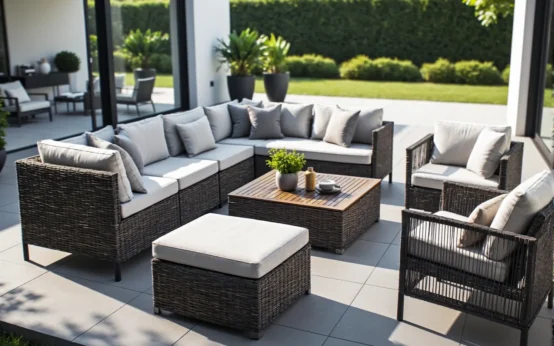 Zestaw mebli ogrodowych technorattan grafitowy z jasnymi poduszkami