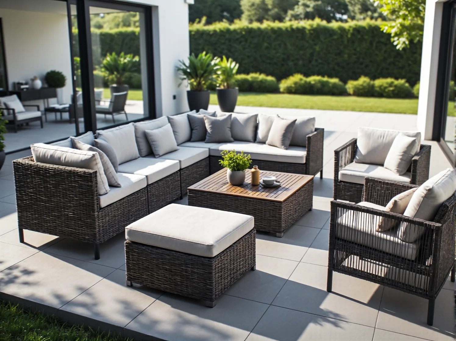 Zestaw mebli ogrodowych technorattan grafitowy z jasnymi poduszkami