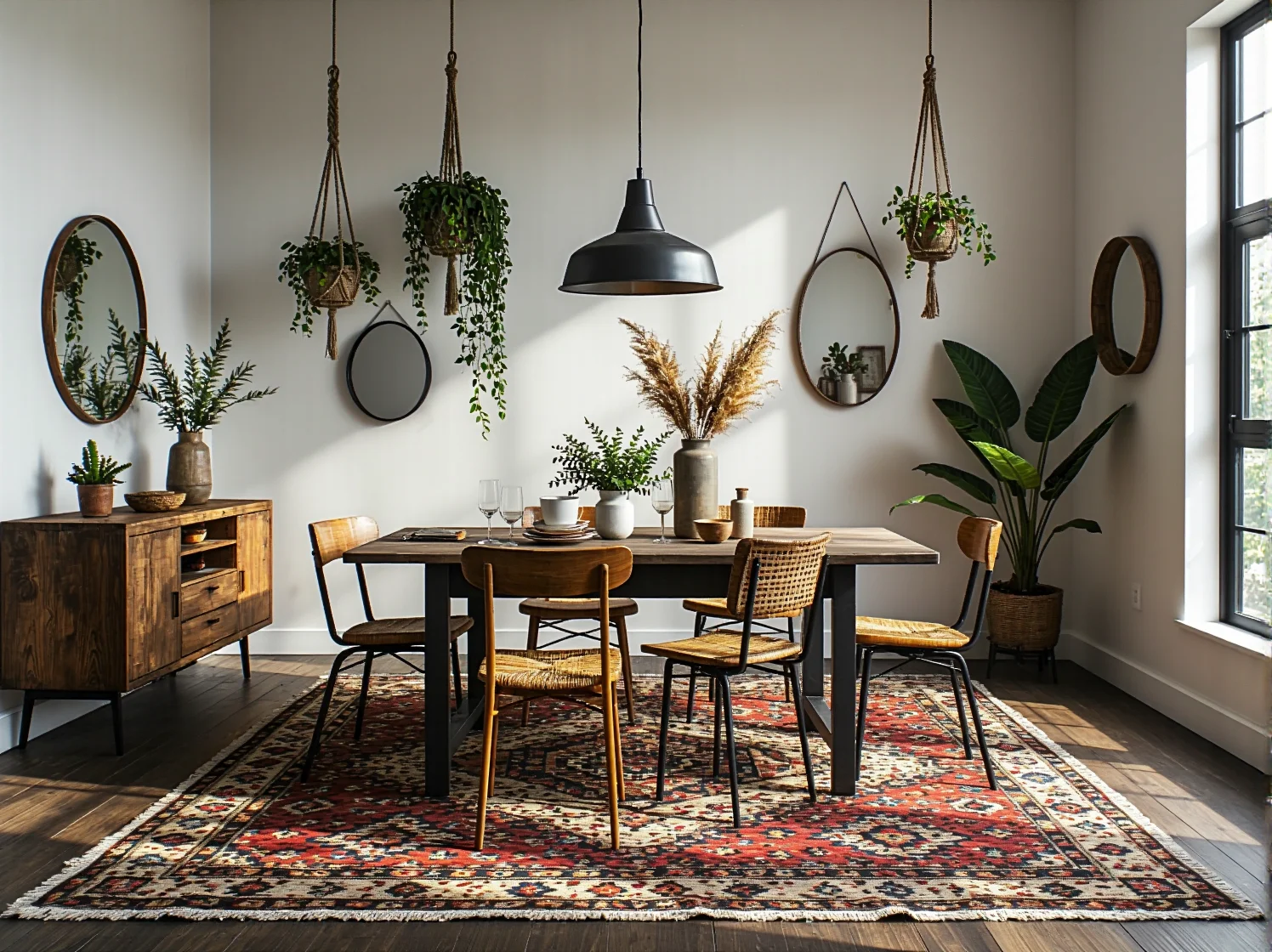 Industrialna lampa wisząca nad rattanowym fotelem i zielonymi roślinami.