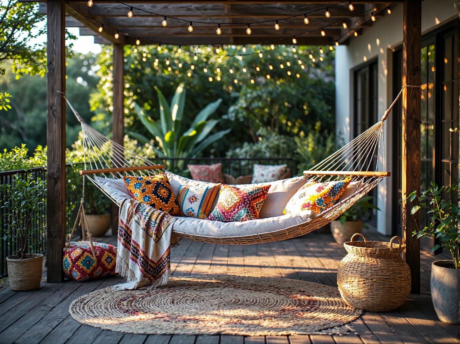 Lniane poduszki i dywan z juty jako dekoracja tarasu w klimacie boho.