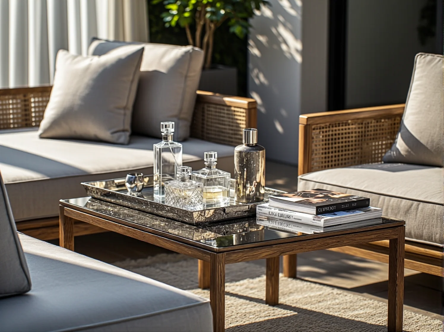 Nastrojowe oświetlenie i błyszczące poduszki w strefie relaksu glamour w ogrodzie