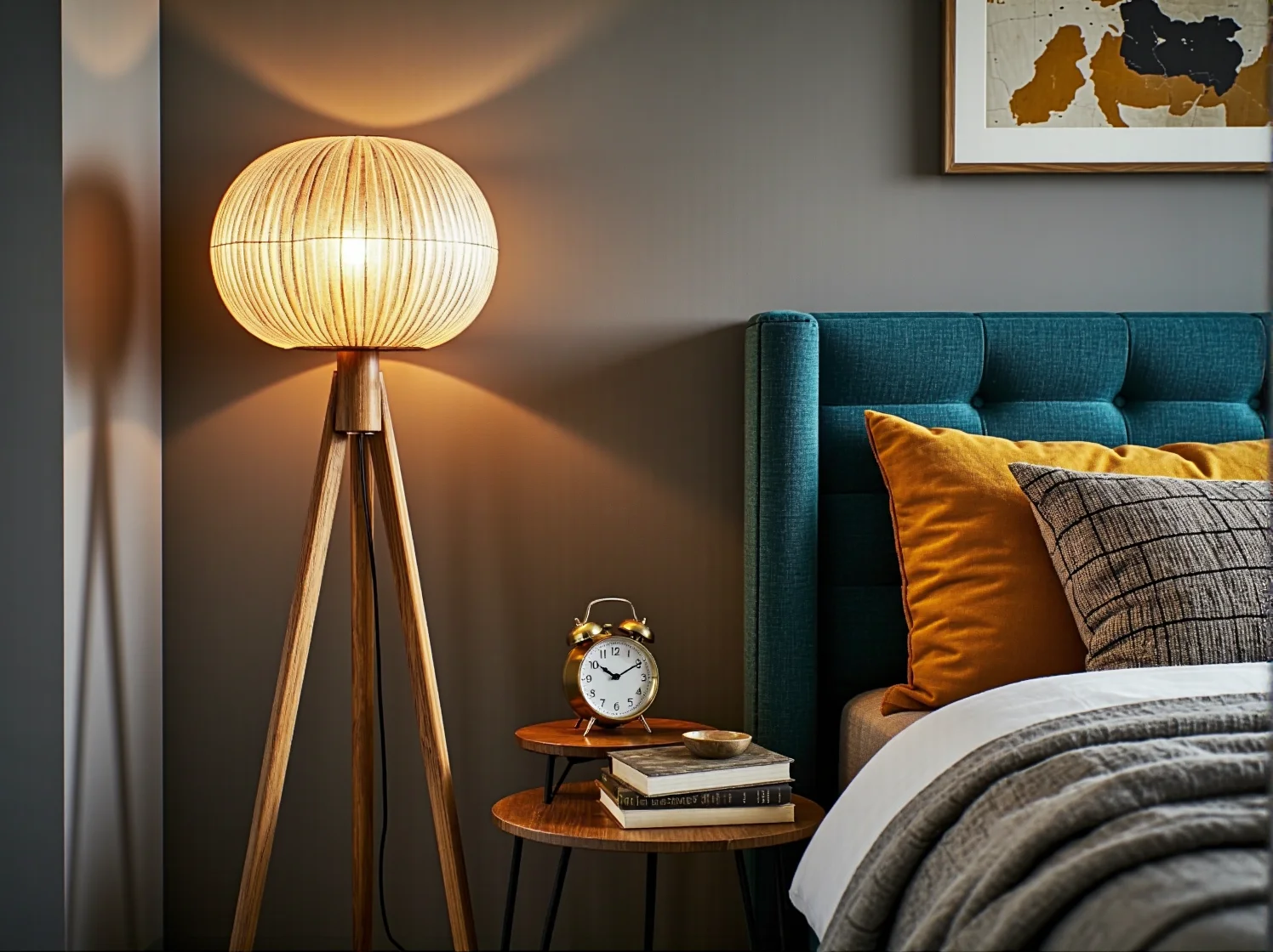 Drewniana lampa podłogowa na trójnogu z klasycznym abażurem w kwiaty