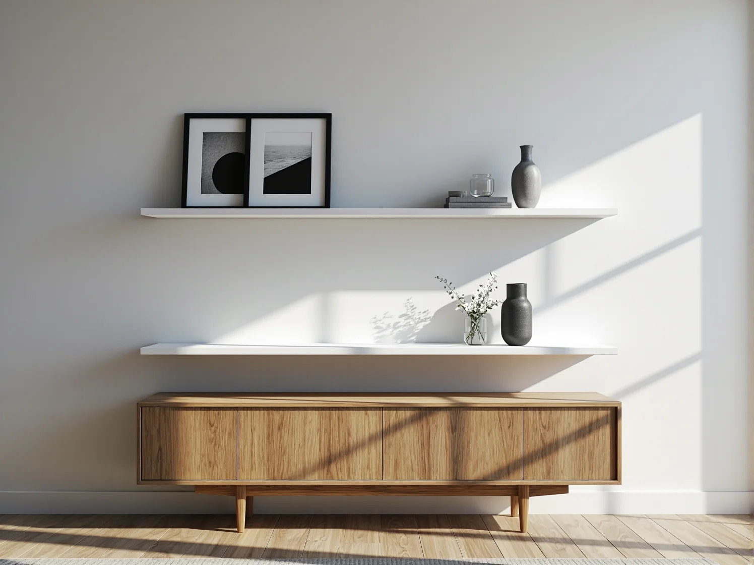 Drewniana półka ścienna dębowa, prosta forma idealna do minimalistycznych wnętrz.