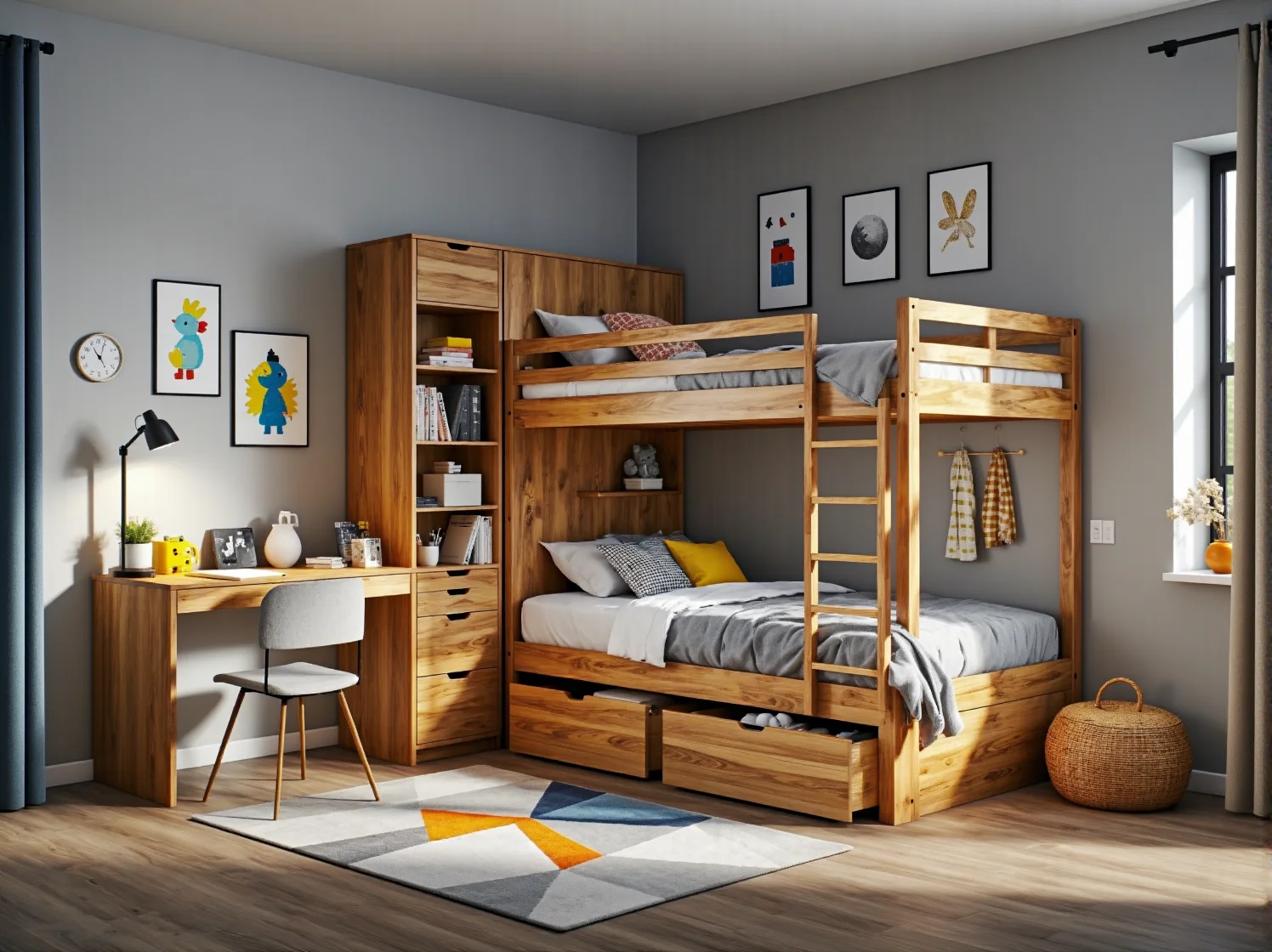 Drewniane łóżko piętrowe w stylu skandynawskim, idealne rozwiązanie do spania dla dwójki dzieci.