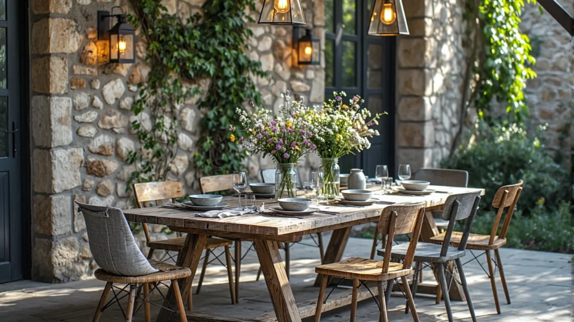 Rustykalny drewniany stół ogrodowy z krzesłami z naturalnego drewna