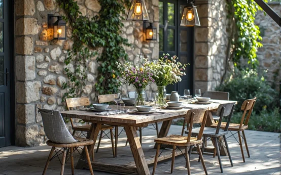 Rustykalny drewniany stół ogrodowy z krzesłami z naturalnego drewna