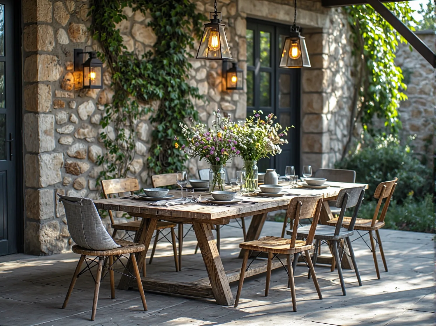 Rustykalny drewniany stół ogrodowy z krzesłami z naturalnego drewna