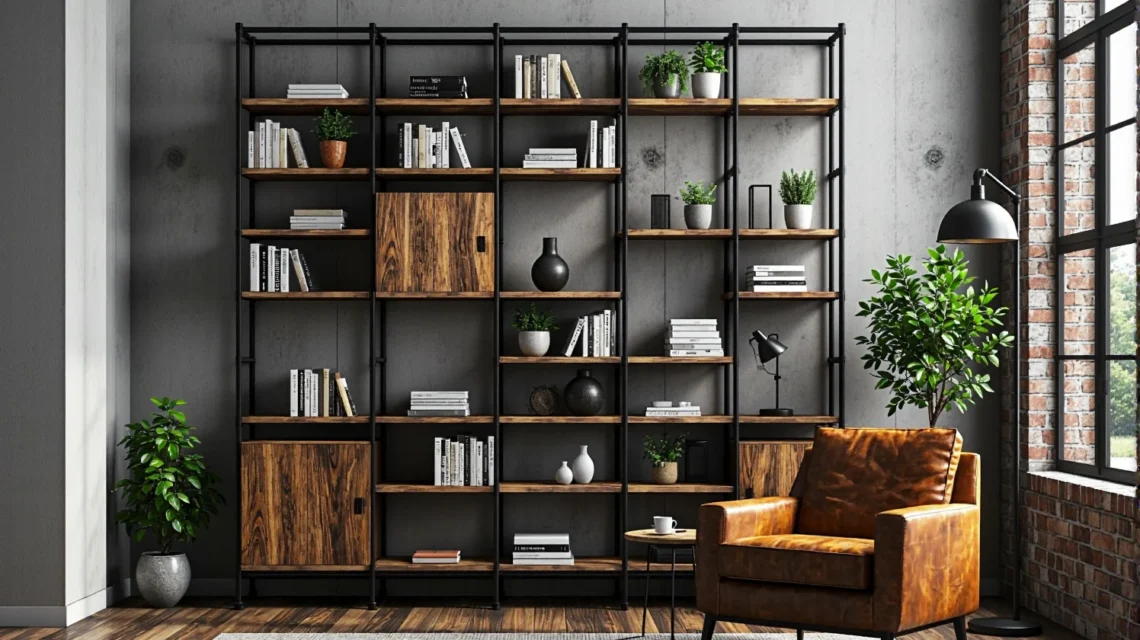 Duży regał biblioteczny industrialny z czarną metalową ramą i drewnianymi półkami