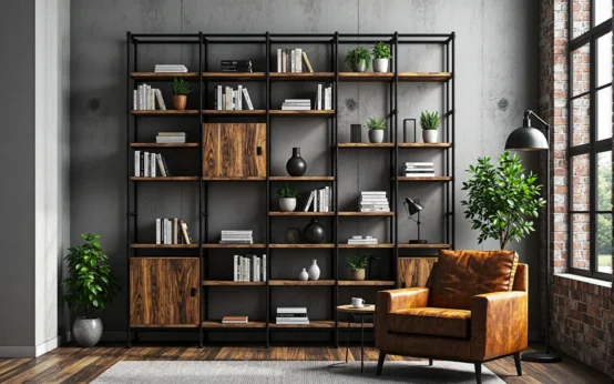 Duży regał biblioteczny industrialny z czarną metalową ramą i drewnianymi półkami