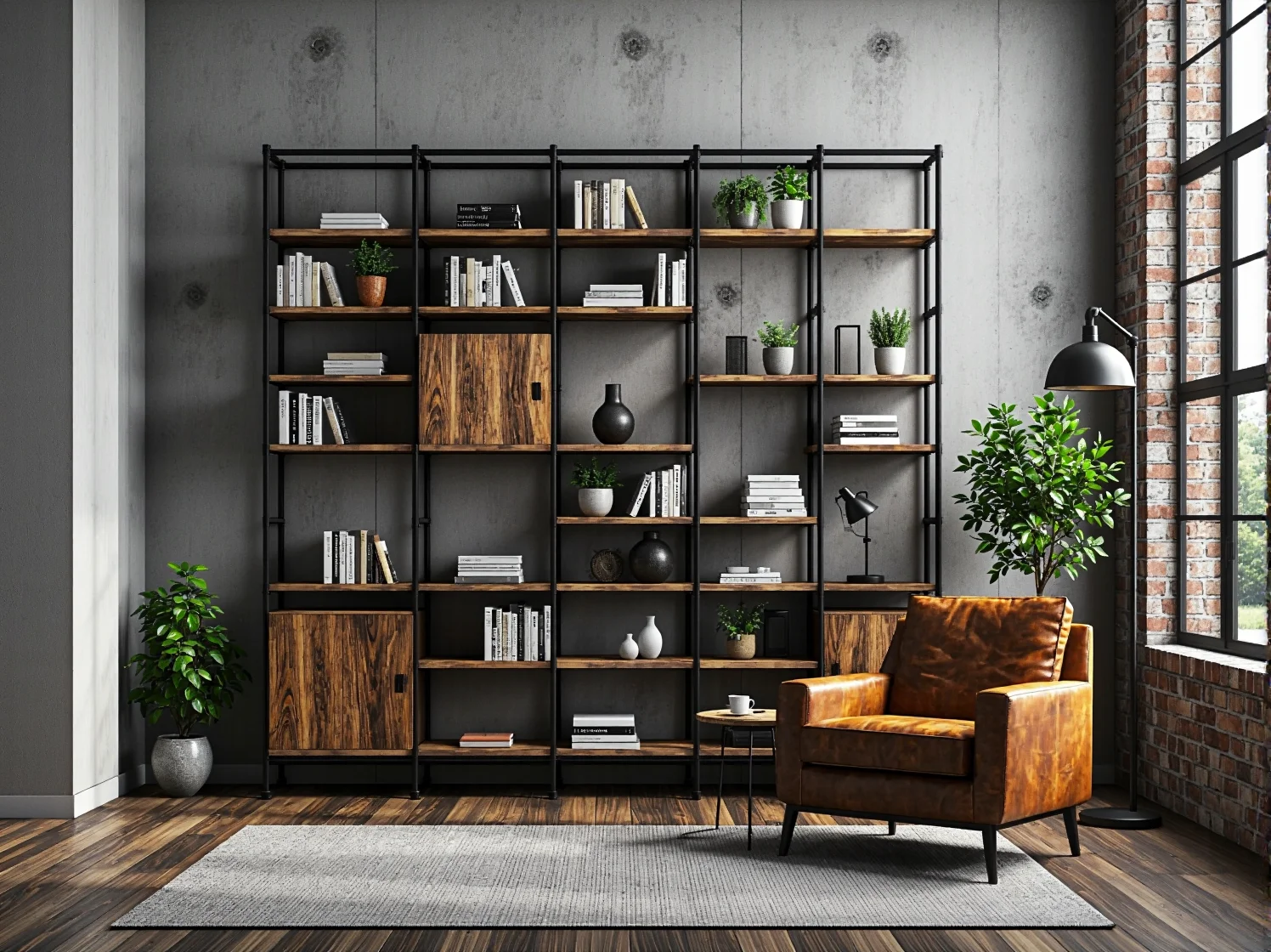 Duży regał biblioteczny industrialny z czarną metalową ramą i drewnianymi półkami