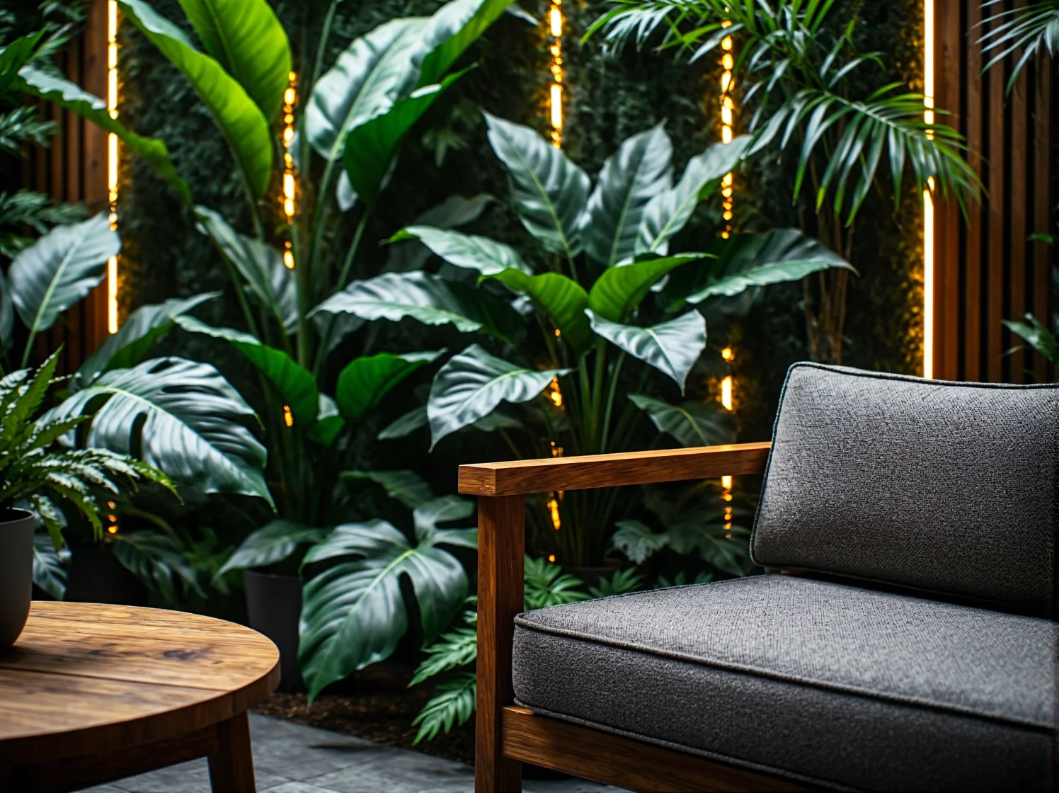 Egzotyczne palmy i paprocie podświetlone nowoczesnymi lampami ogrodowymi LED