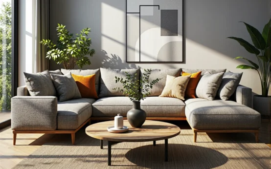 Narożna sofa szara tapicerowana na drewnianych nóżkach