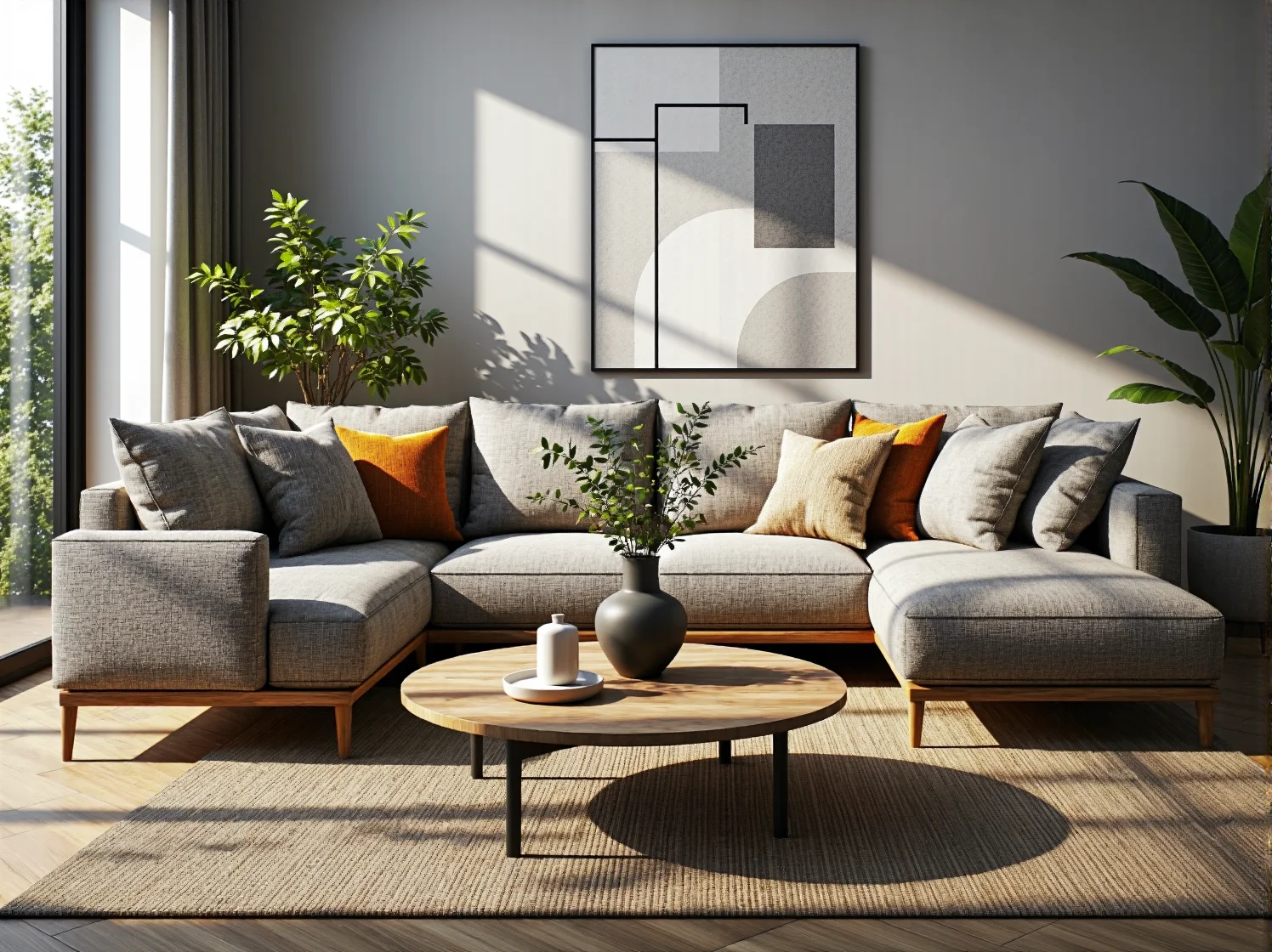 Narożna sofa szara tapicerowana na drewnianych nóżkach