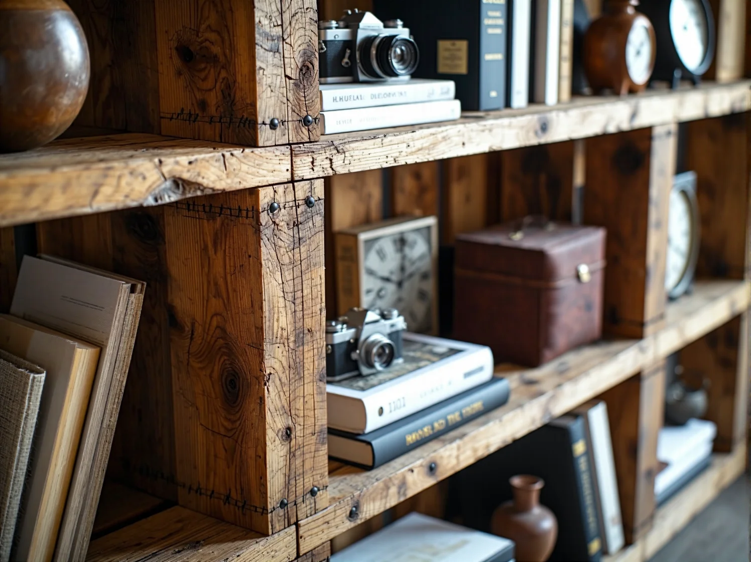 Zbliżenie na unikalną fakturę półki z materiałów recyklingowanych, pokazujące ekologiczny design.