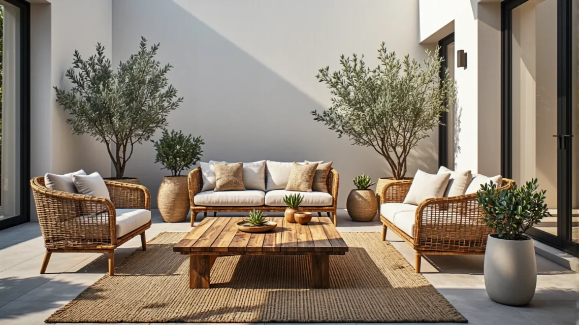 Zestaw mebli ogrodowych rattanowych z drewnianym stolikiem kawowym