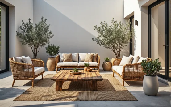 Zestaw mebli ogrodowych rattanowych z drewnianym stolikiem kawowym