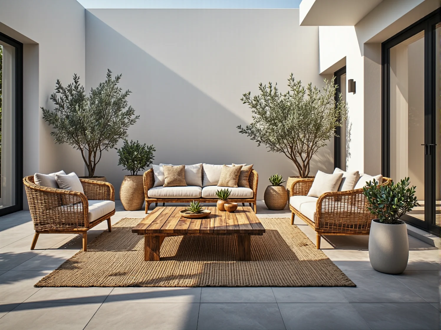 Zestaw mebli ogrodowych rattanowych z drewnianym stolikiem kawowym