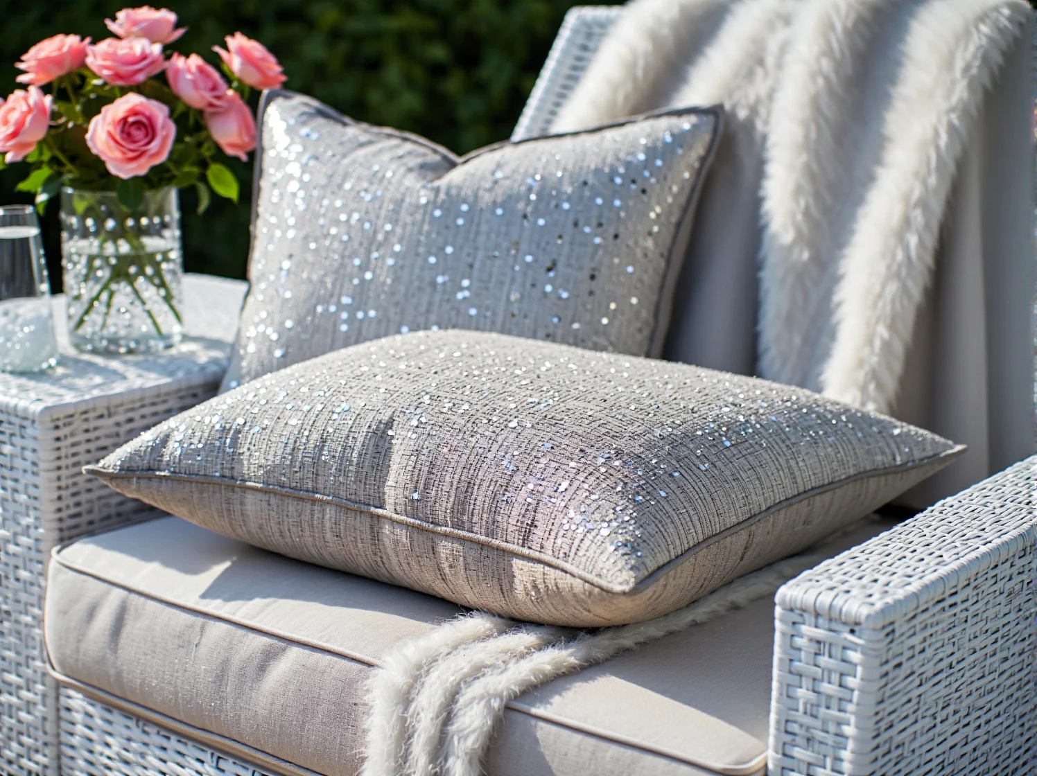 Welurowa sofa ogrodowa ze złotymi nóżkami na ekskluzywnym tarasie wypoczynkowym