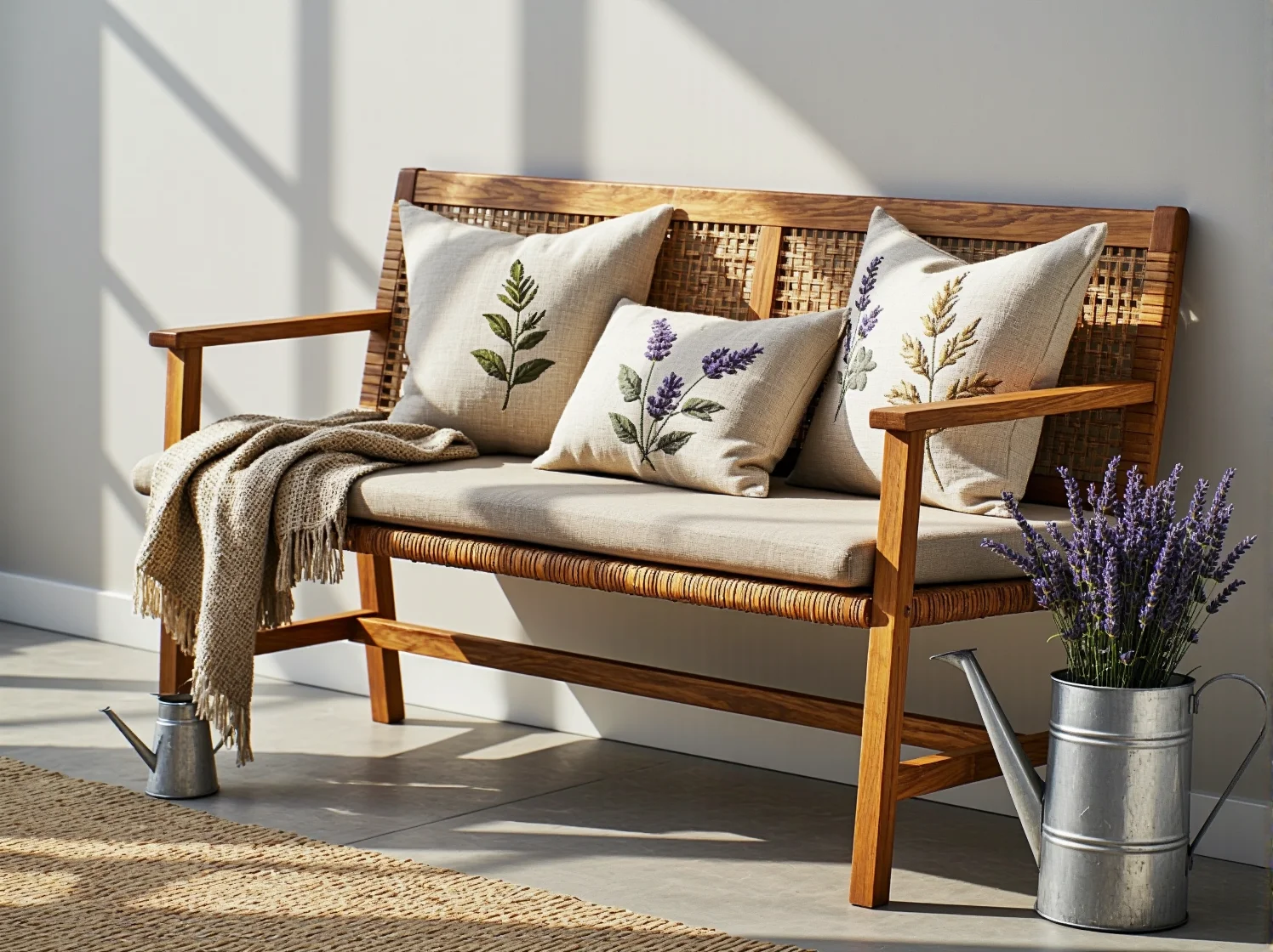 Wygodny fotel wiklinowy z jasnymi poduszkami w przytulnym kąciku na tarasie