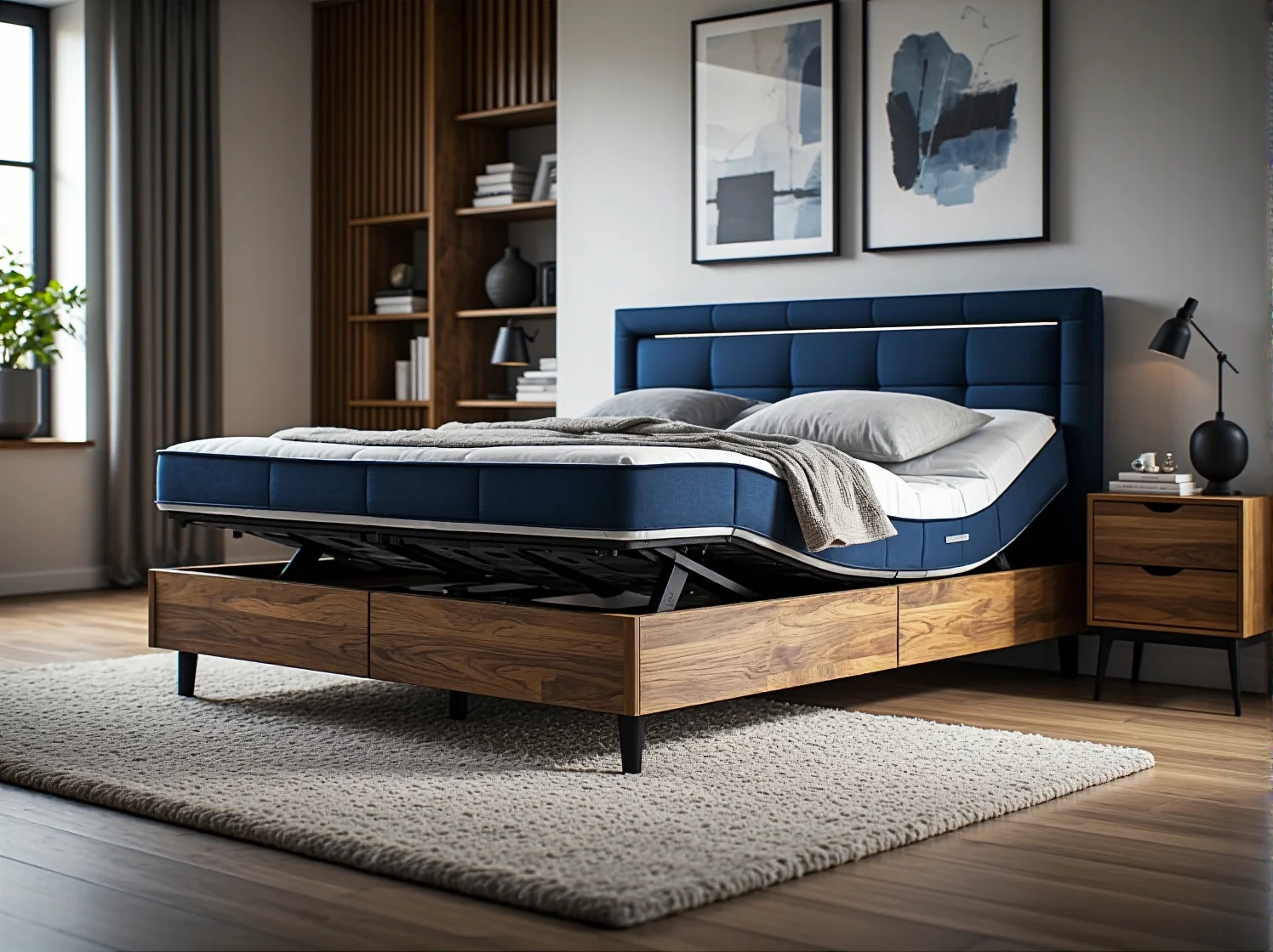 Mężczyzna relaksujący się w fotelu, którego funkcje (np. masaż) kontroluje przez aplikację w telefonie.