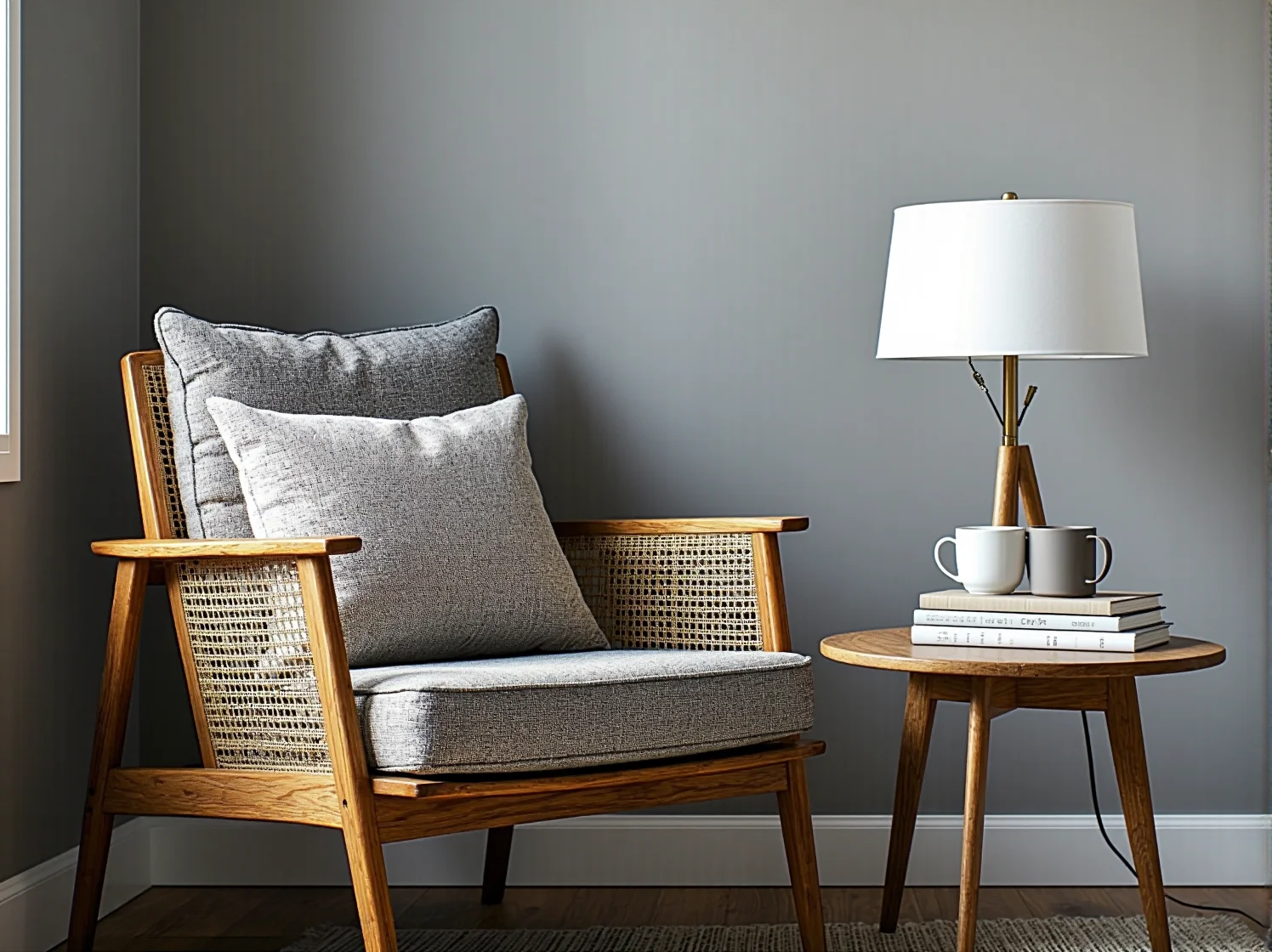 Stylowa lampa podłogowa z drewnianymi elementami, stojąca obok sofy jako funkcjonalne oświetlenie do czytania w salonie.