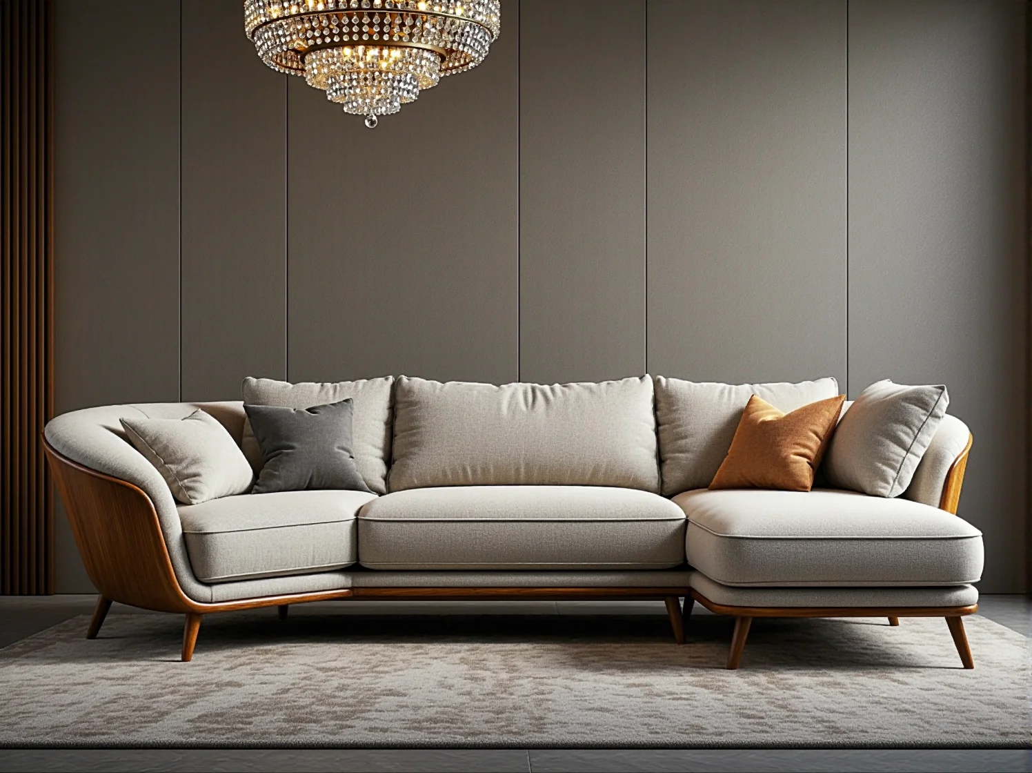 Granatowy narożnik na złotych nóżkach w aranżacji z kryształowym żyrandolem