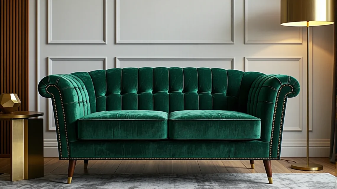 Elegancka sofa glamour zielona welurowa z pikowanym oparciem