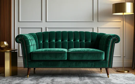 Elegancka sofa glamour zielona welurowa z pikowanym oparciem