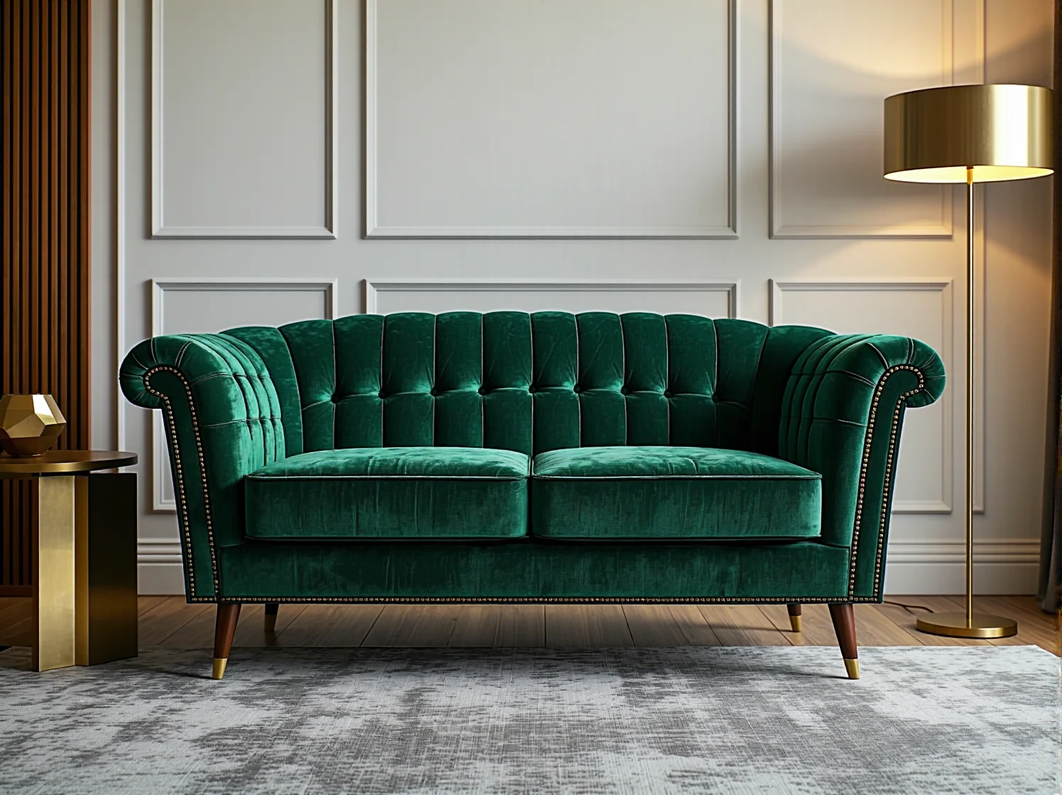 Elegancka sofa glamour zielona welurowa z pikowanym oparciem