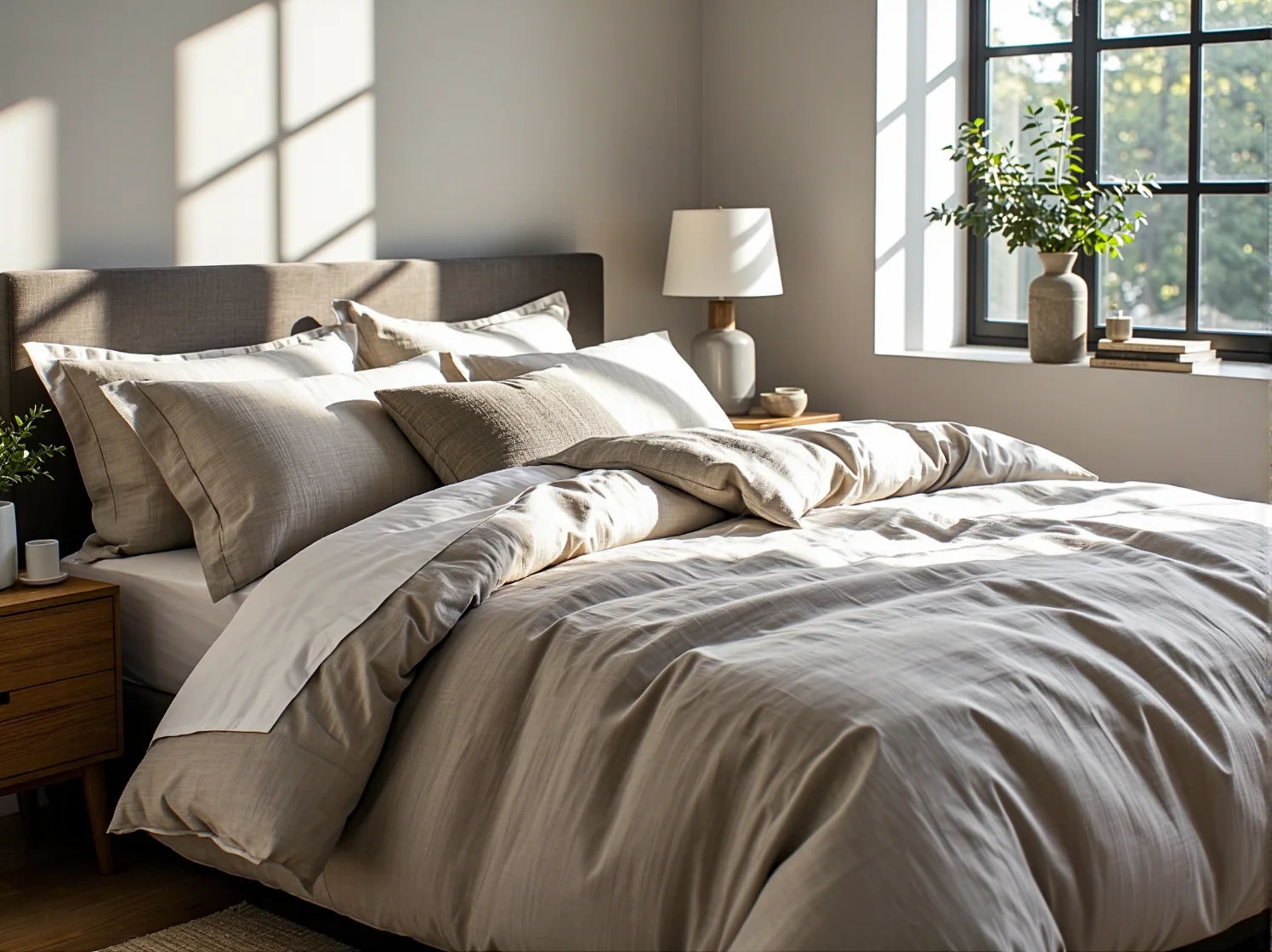 Wygodne łóżko tapicerowane beżowe z wysokim zagłówkiem dla seniora