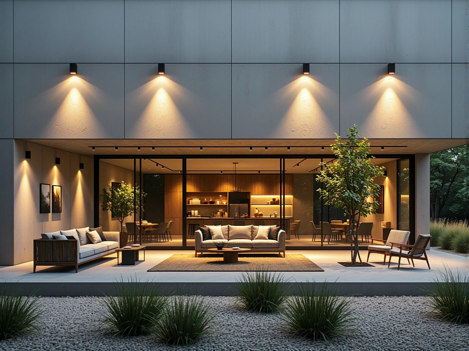 Efektowna iluminacja budynku z betonu przy użyciu lamp typu góra-dół