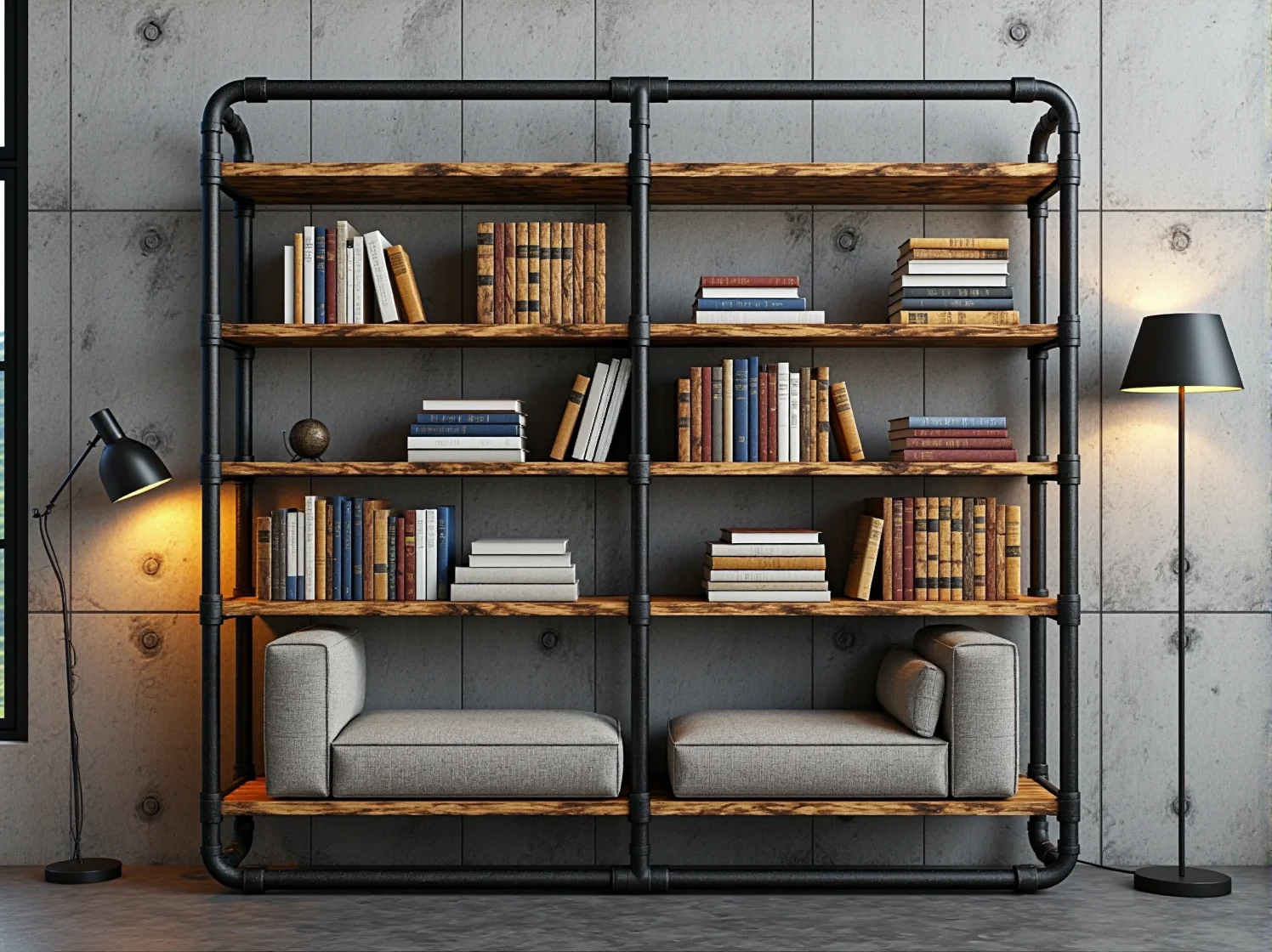 Industrialny regał na książki z odzyskanego metalu i drewna, trwałe i stylowe rozwiązanie eko.