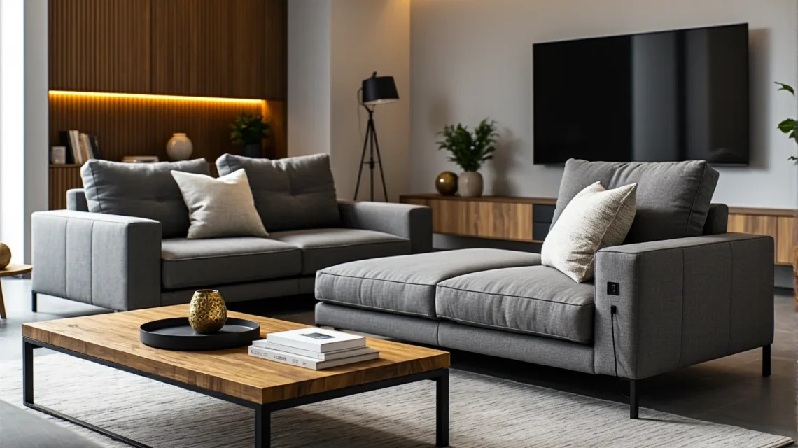 Nowoczesna sofa szara z panelem sterowania i gniazdkiem USB