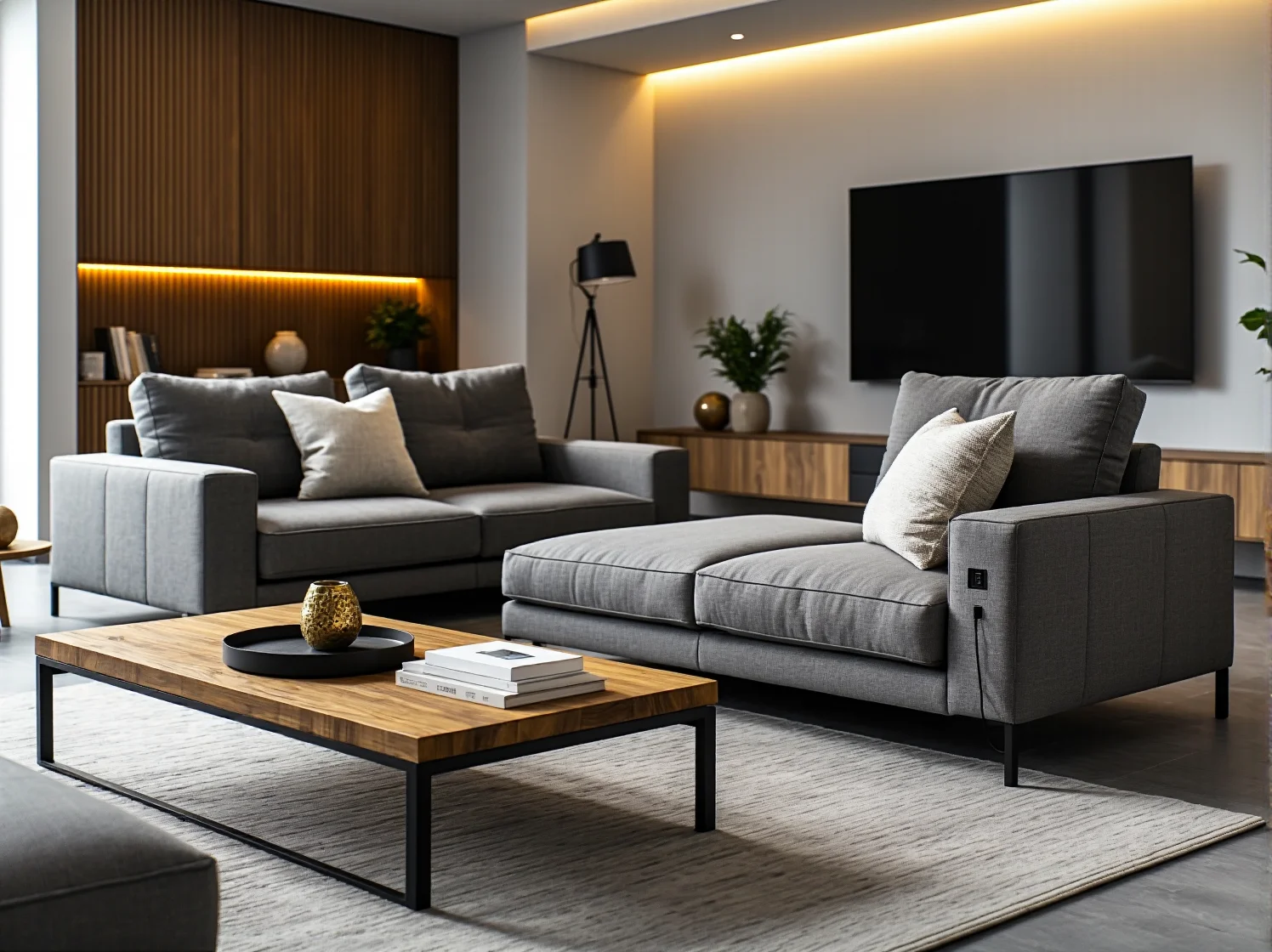 Nowoczesna sofa szara z panelem sterowania i gniazdkiem USB