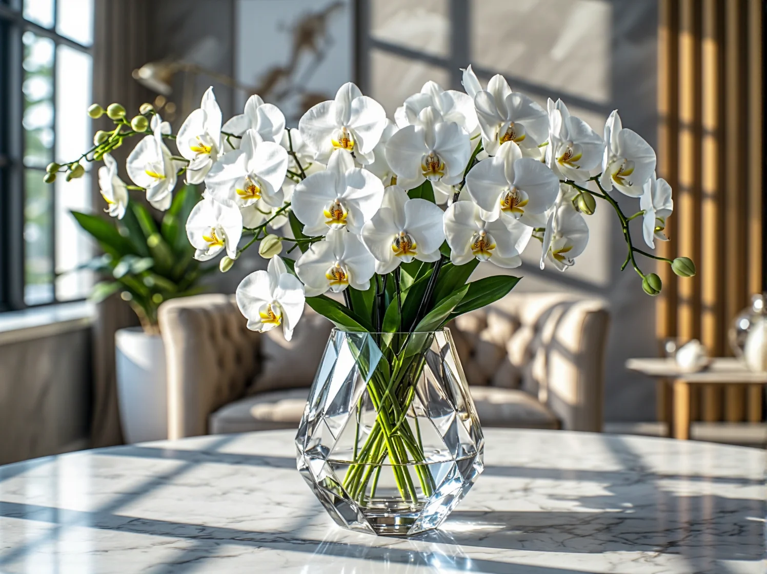 Aranżacja jadalni glamour z kryształowymi świecznikami i lustrzanym stołem