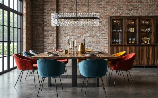 Stół jadalniany dębowy na metalowych nogach z kolorowymi krzesłami